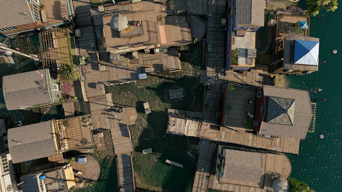 4K sea village neighborhood with houses on water