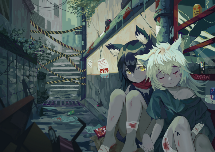 Texas and Lappland from Arknights in an alleyway