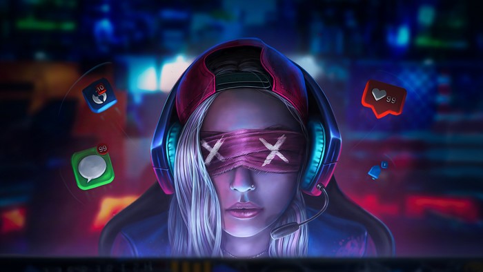 Gamer with blindfold and headphones, social media icons