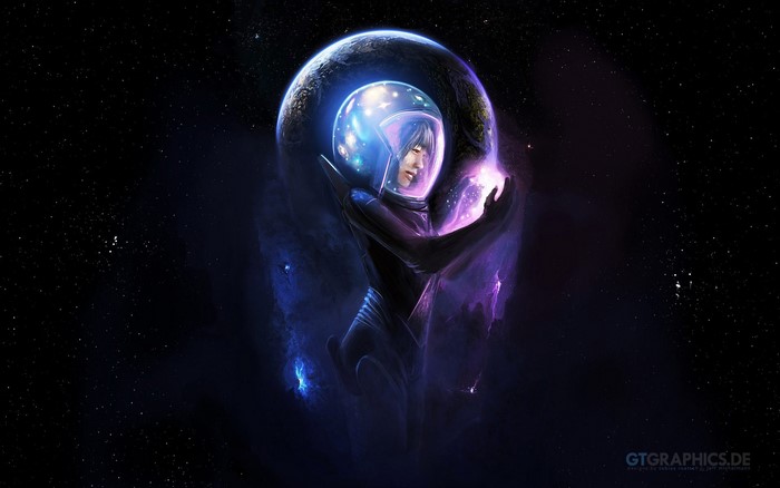 Astronaut holding a glowing planet in space