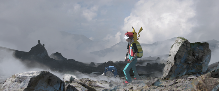 Ash Ketchum and Poliwag in a rocky landscape