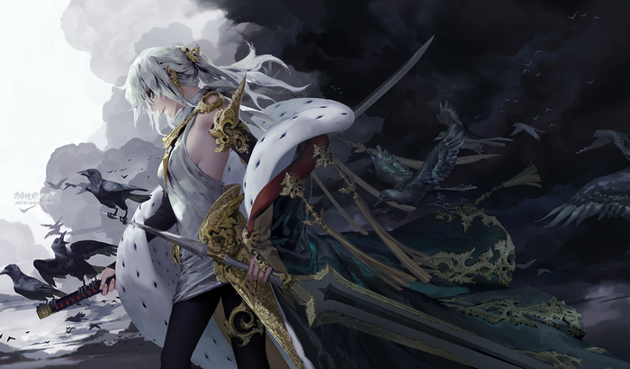 Carciphona artwork of a character with white hair and swords