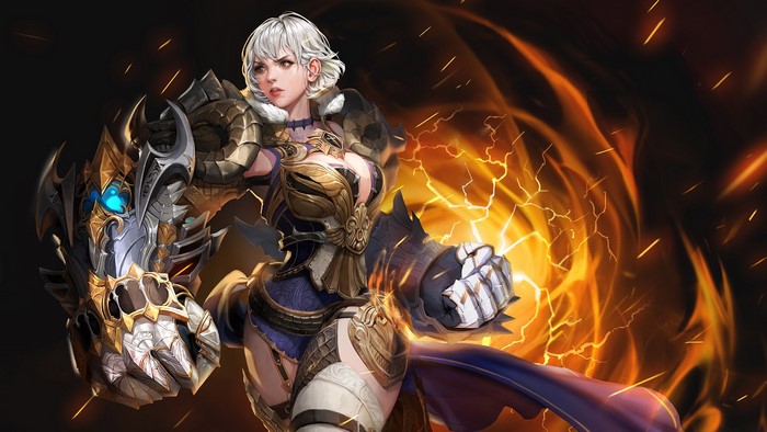 Woman with white hair and armored gauntlets in Tera