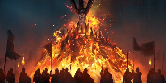 Astronaut on a pyre with knights and flags