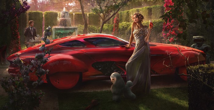 Woman with red futuristic car and dog in garden