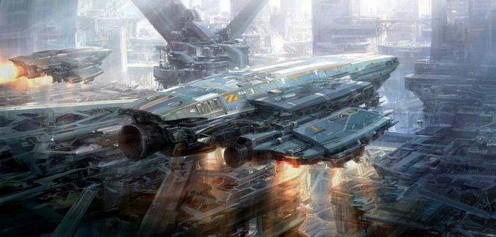 Futuristic spaceships in a dense sci-fi city