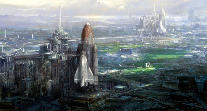 Futuristic city with space shuttles and launchpads