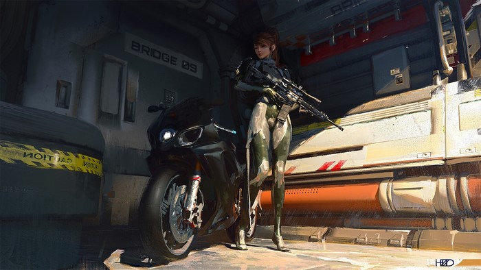 Woman with rifle and motorcycle at Bridge 09