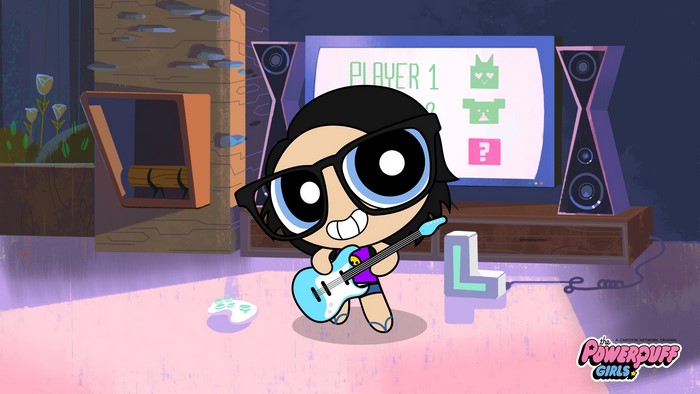 Powerpuff Girls character playing guitar in front of TV