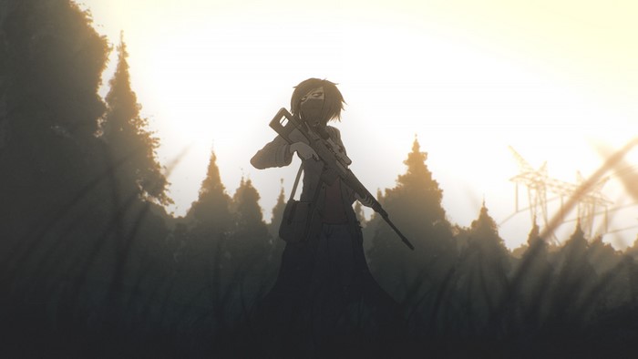 Anime girl with a sniper rifle in a forest