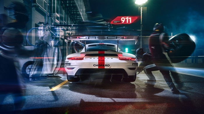 Porsche 911 RSR race car in pit stop