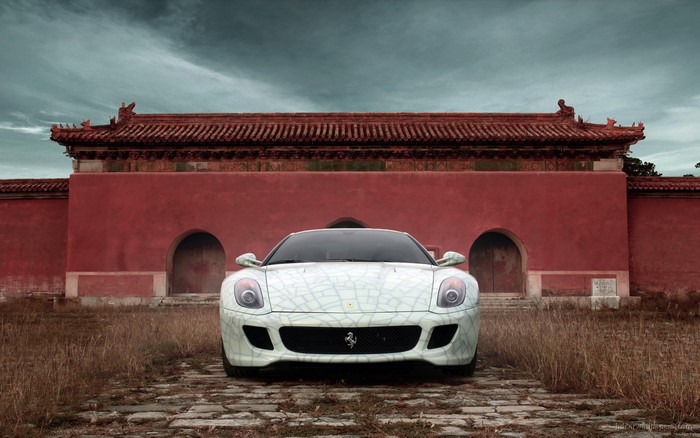 White Ferrari 599 in front of Chinese architecture