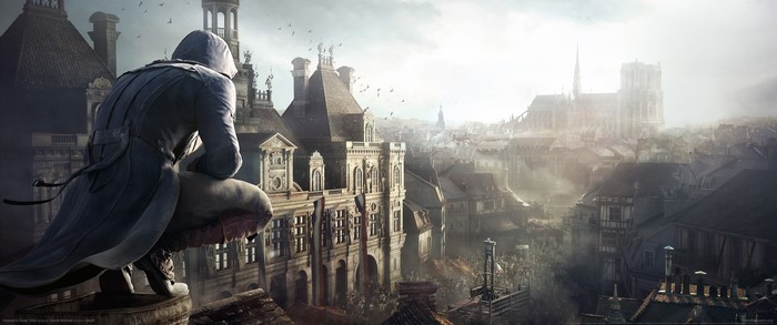 Arno Dorian from Assassin's Creed Unity overlooking Paris