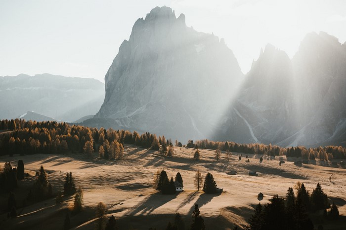 Sunlight over mountains and trees in a landscape