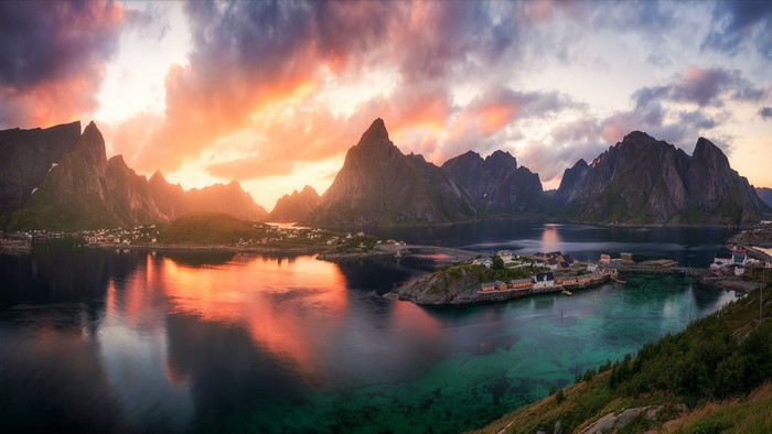 Reine, Lofoten, Norway: Mountains and Village at Sunset