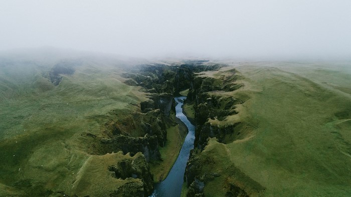 Misty Canyon with River in Iceland