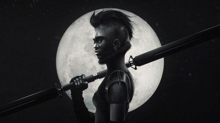 Fantasy warrior with sword and moon