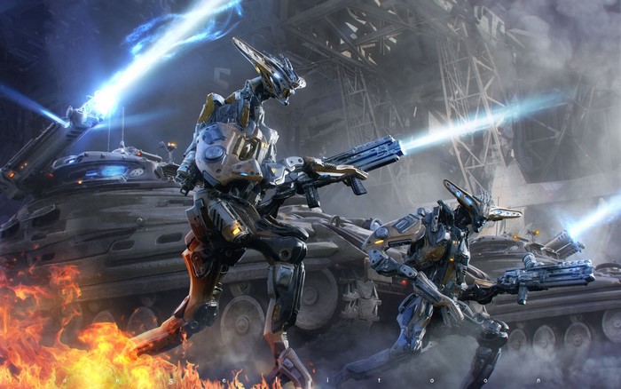 Robots fighting with lasers and tanks