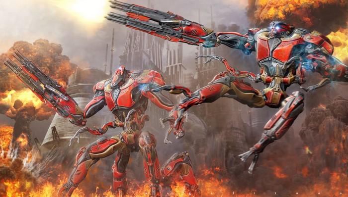 Robots in a fiery battle with explosions and futuristic city