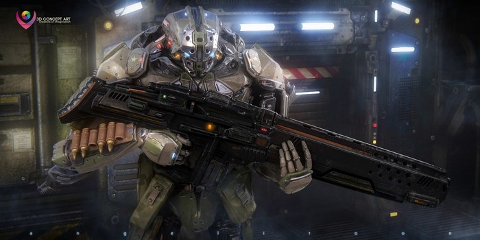 Futuristic soldier with a large rifle