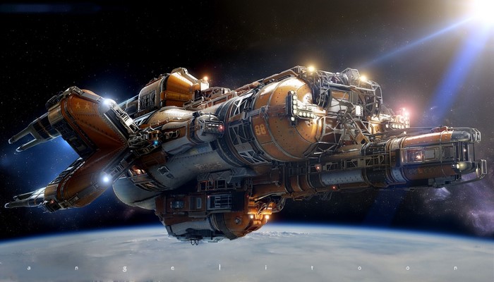 Orange and grey spaceship in orbit above Earth
