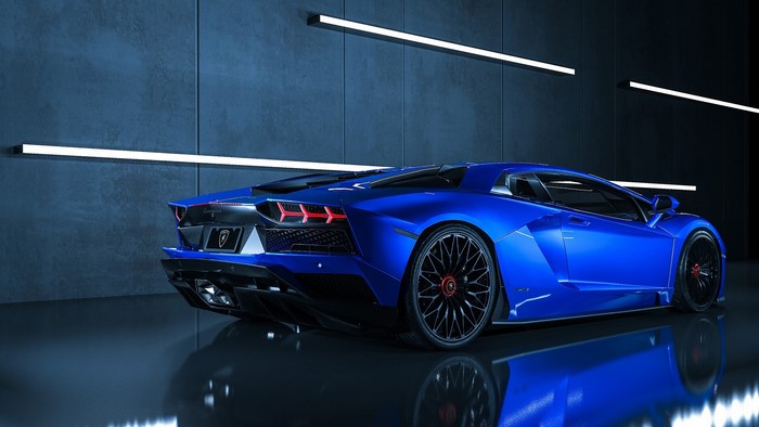Blue Lamborghini Aventador in a modern garage