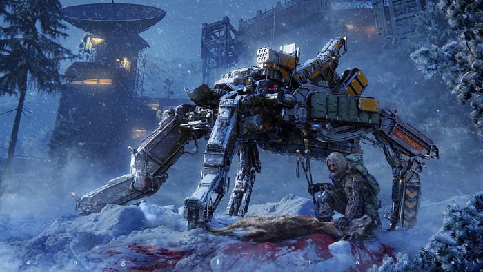 Futuristic robot and hunter in a snowy landscape