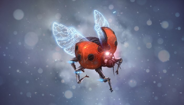 Futuristic mechanical ladybug with glowing wings