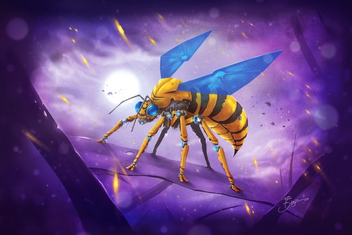 Mechanical wasp with blue wings on purple surface