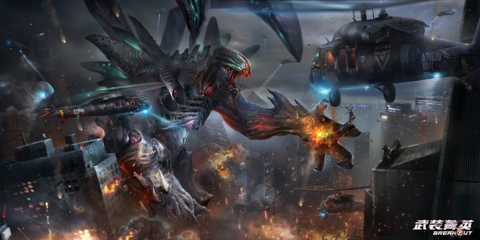 Giant creature attacking a city with helicopters