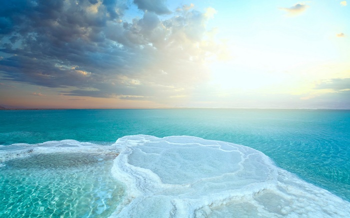 The Dead Sea with salt formations at sunrise