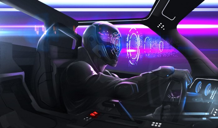 Futuristic car interior with a driver in a helmet