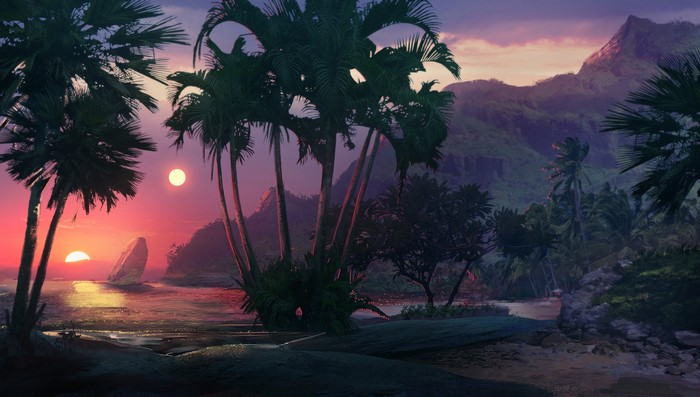 Digital art of a tropical sunset with palm trees and mountains