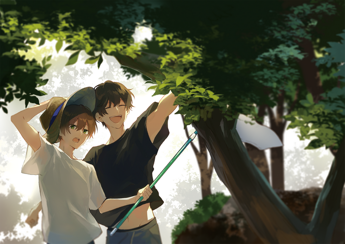 Summer Scene with Two Boys Under Trees