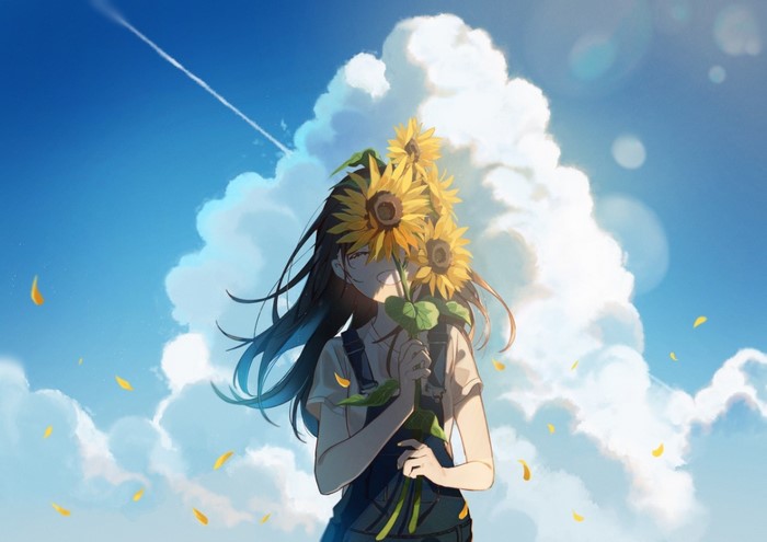Anime girl with sunflowers against a cloudy sky