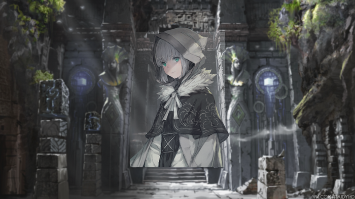 Anime girl in ruins with statues