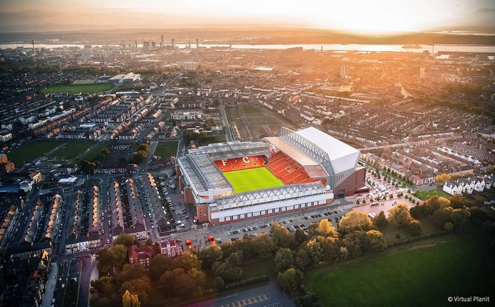 Aerial view of Anfield Stadium, Liverpool FC