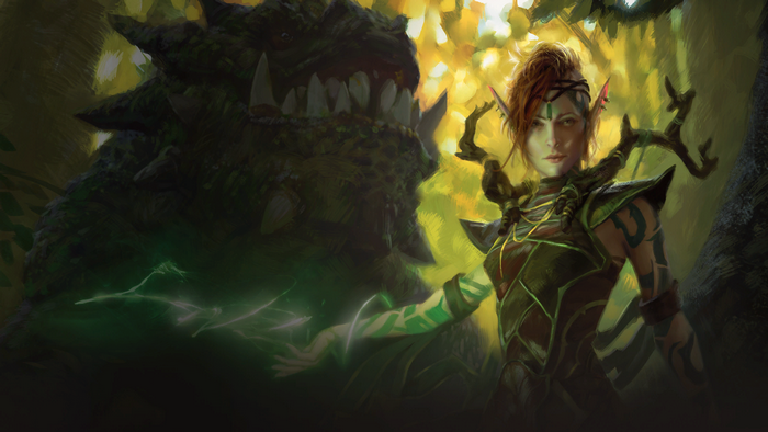 Elf casting magic next to a monster in a forest