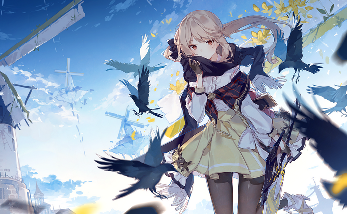 Anime girl with crows and windmills