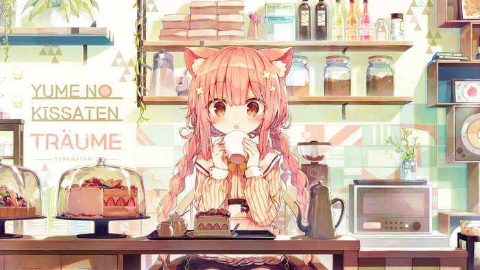 Anime girl with cat ears drinking from a mug in a cafe