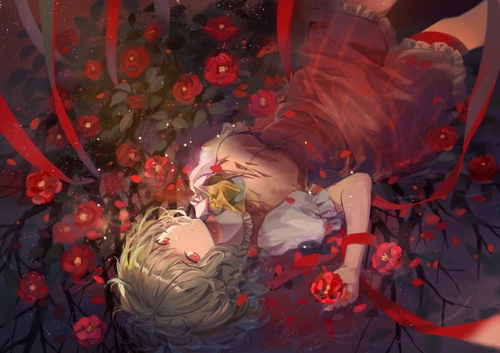 Anime girl lying in a field of red roses