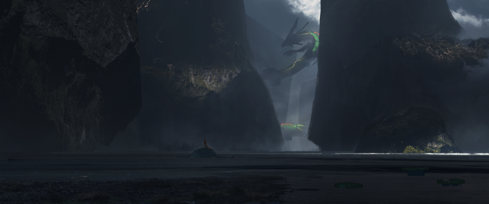 Rayquaza from Pokémon in a rocky canyon