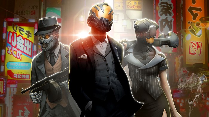 Robotic characters in suits in a futuristic city