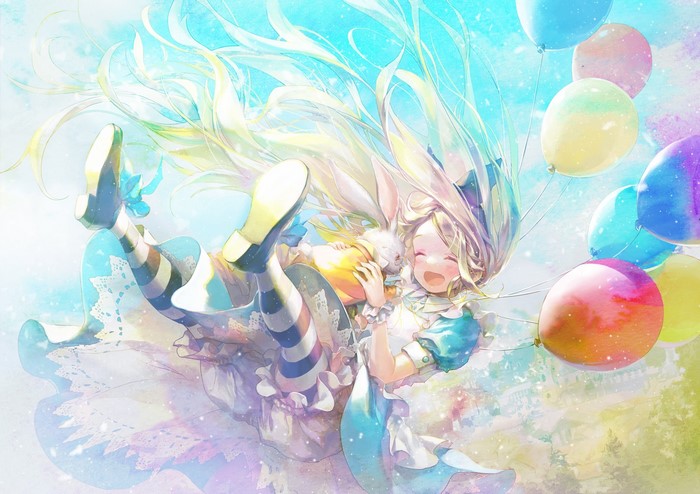 Alice in Wonderland girl with balloons and rabbit