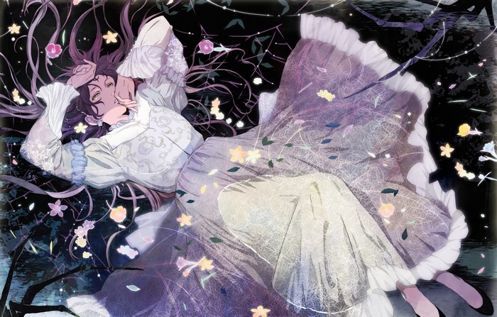 Anime girl with purple hair and yellow eyes in a dress