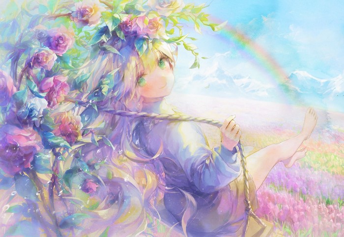 Anime girl with flowers and rainbow in a field