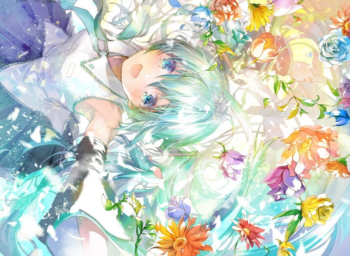 Hatsune Miku surrounded by colorful flowers