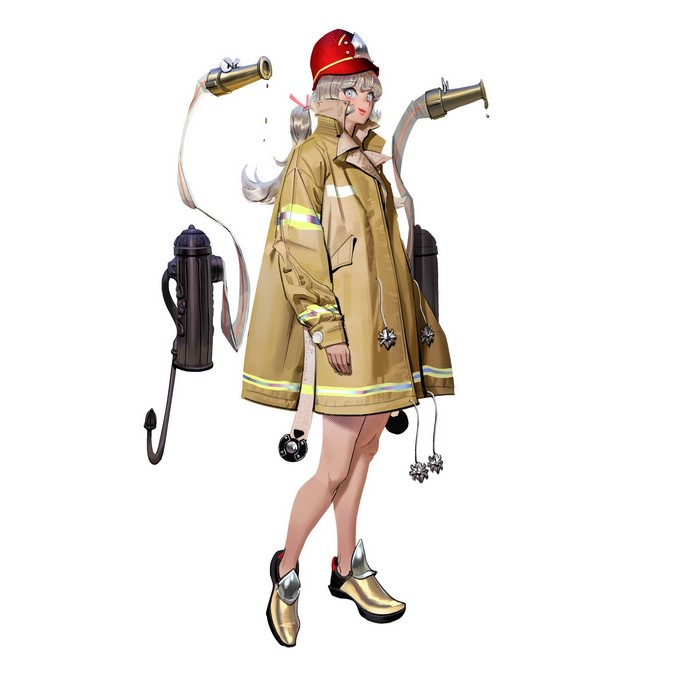 Anime girl firefighter with hose and hydrant