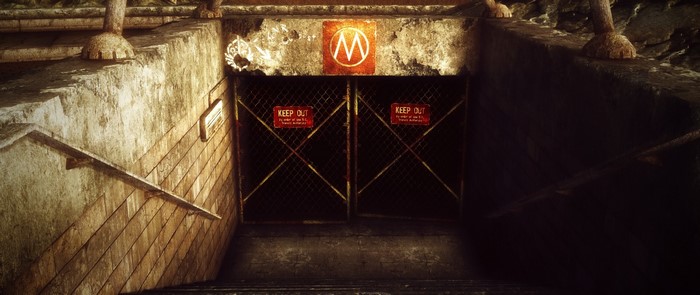 Entrance to a subway station with "KEEP OUT" signs