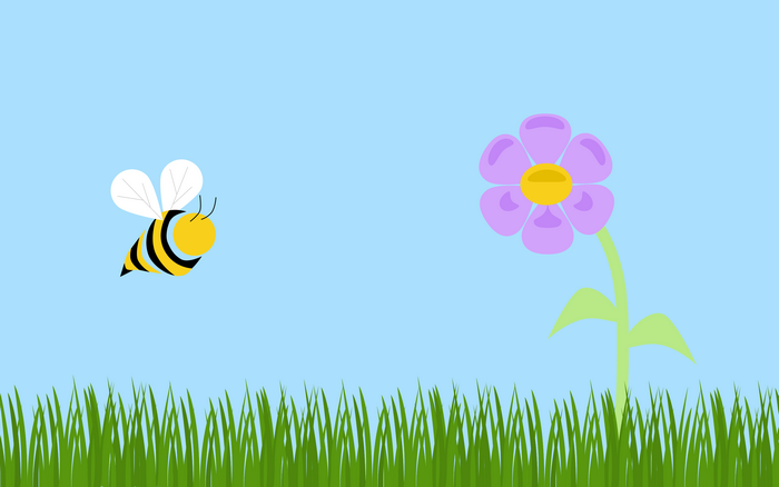 A cartoon bee flies towards a purple flower in a grassy field.